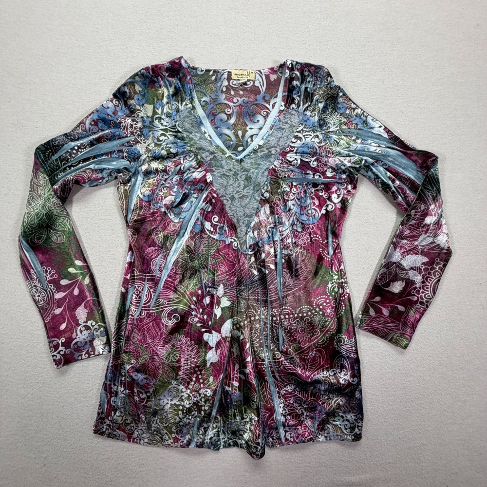 One World Tunic Top Womens Medium Multi Paisley Lace Velvet V-Neck Long Sleeve